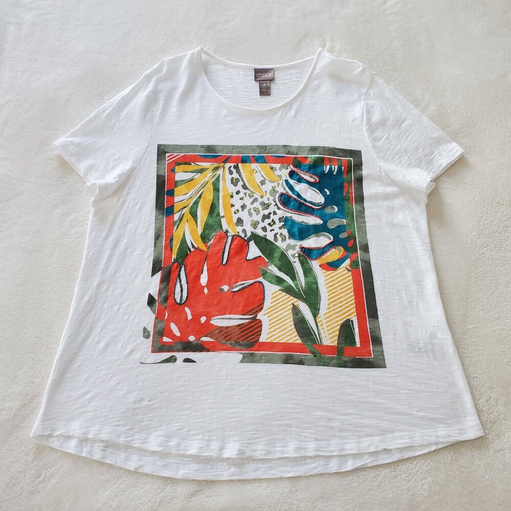 Chico's Size 3 Tropical Collage Graphic Tee XL
